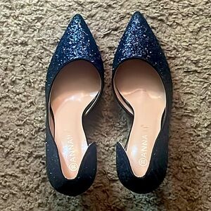 NEW Navy Sequin Heel Pump Pointed Toe Black Patent Heel